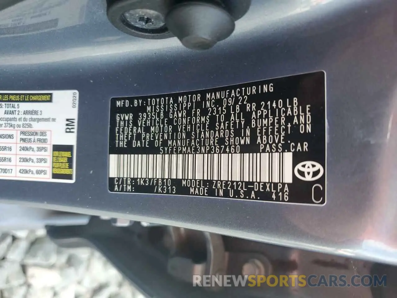 13 fotografías del automóvil dañado 5YFEPMAE3NP367460 TOYOTA COROLLA 2022
