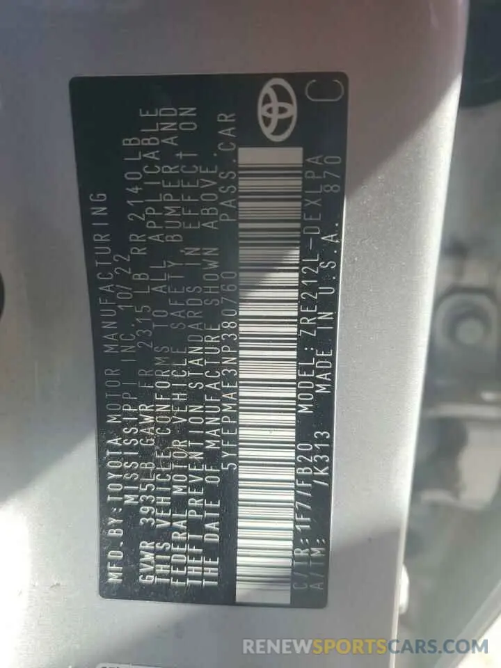13 fotografías del automóvil dañado 5YFEPMAE3NP380760 TOYOTA COROLLA 2022