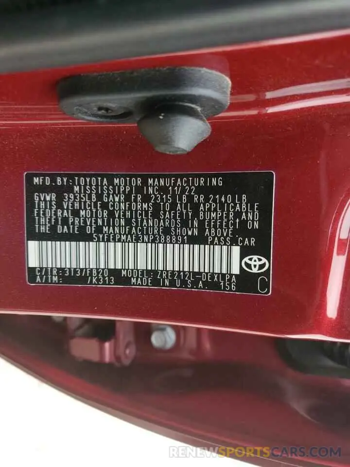 13 fotografías del automóvil dañado 5YFEPMAE3NP388891 TOYOTA COROLLA 2022
