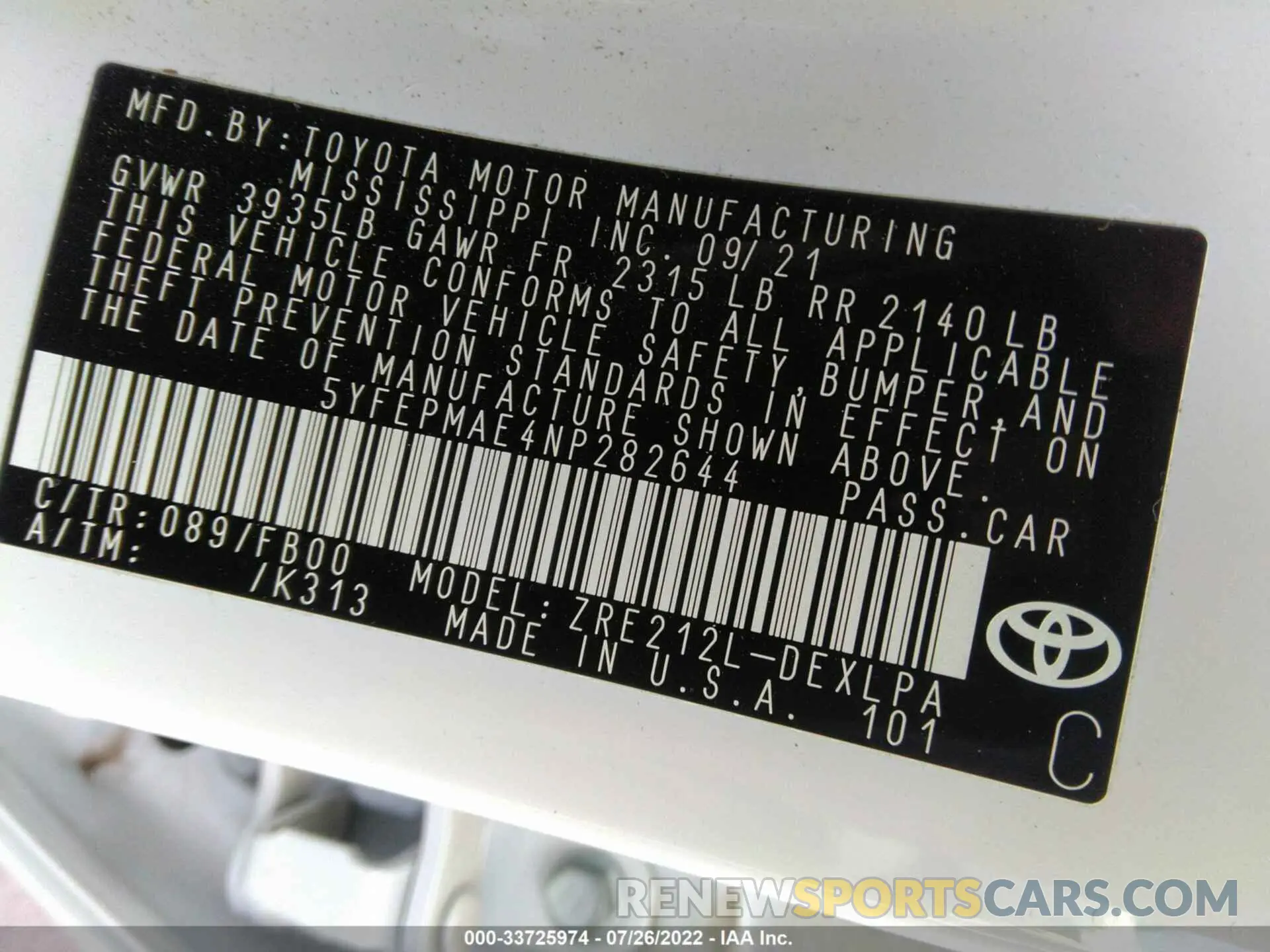 9 fotografías del automóvil dañado 5YFEPMAE4NP282644 TOYOTA COROLLA 2022