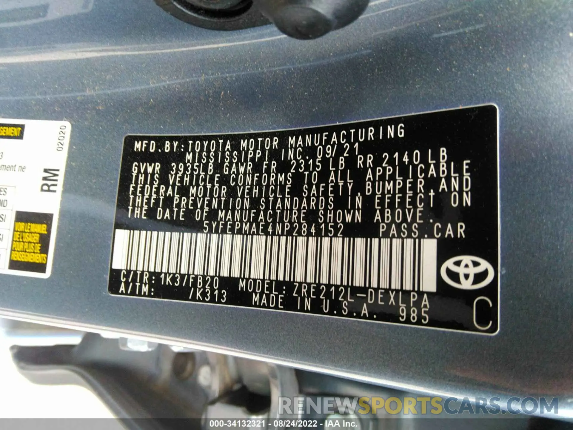 9 fotografías del automóvil dañado 5YFEPMAE4NP284152 TOYOTA COROLLA 2022