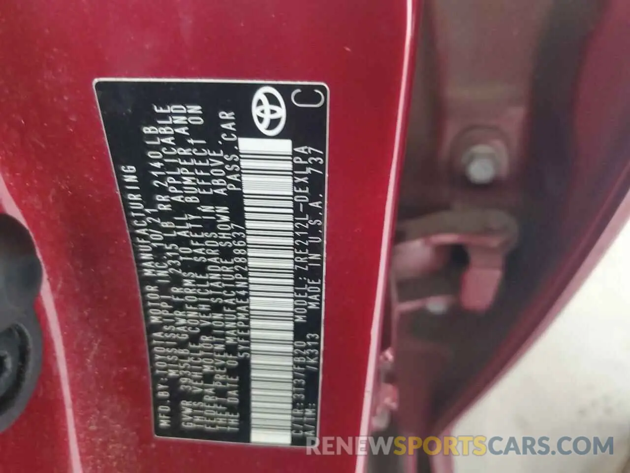 12 fotografías del automóvil dañado 5YFEPMAE4NP288637 TOYOTA COROLLA 2022