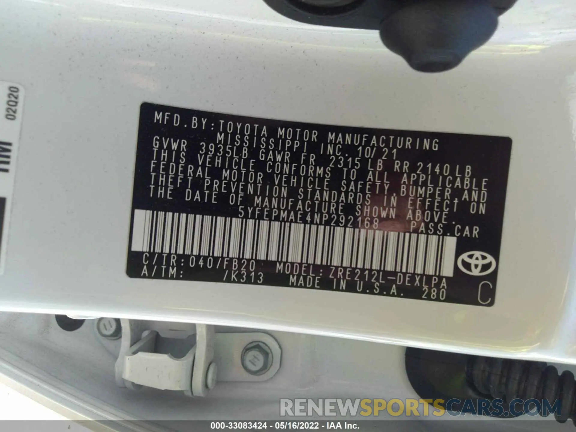 9 fotografías del automóvil dañado 5YFEPMAE4NP292168 TOYOTA COROLLA 2022