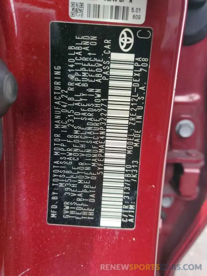 13 fotografías del automóvil dañado 5YFEPMAE4NP322771 TOYOTA COROLLA 2022