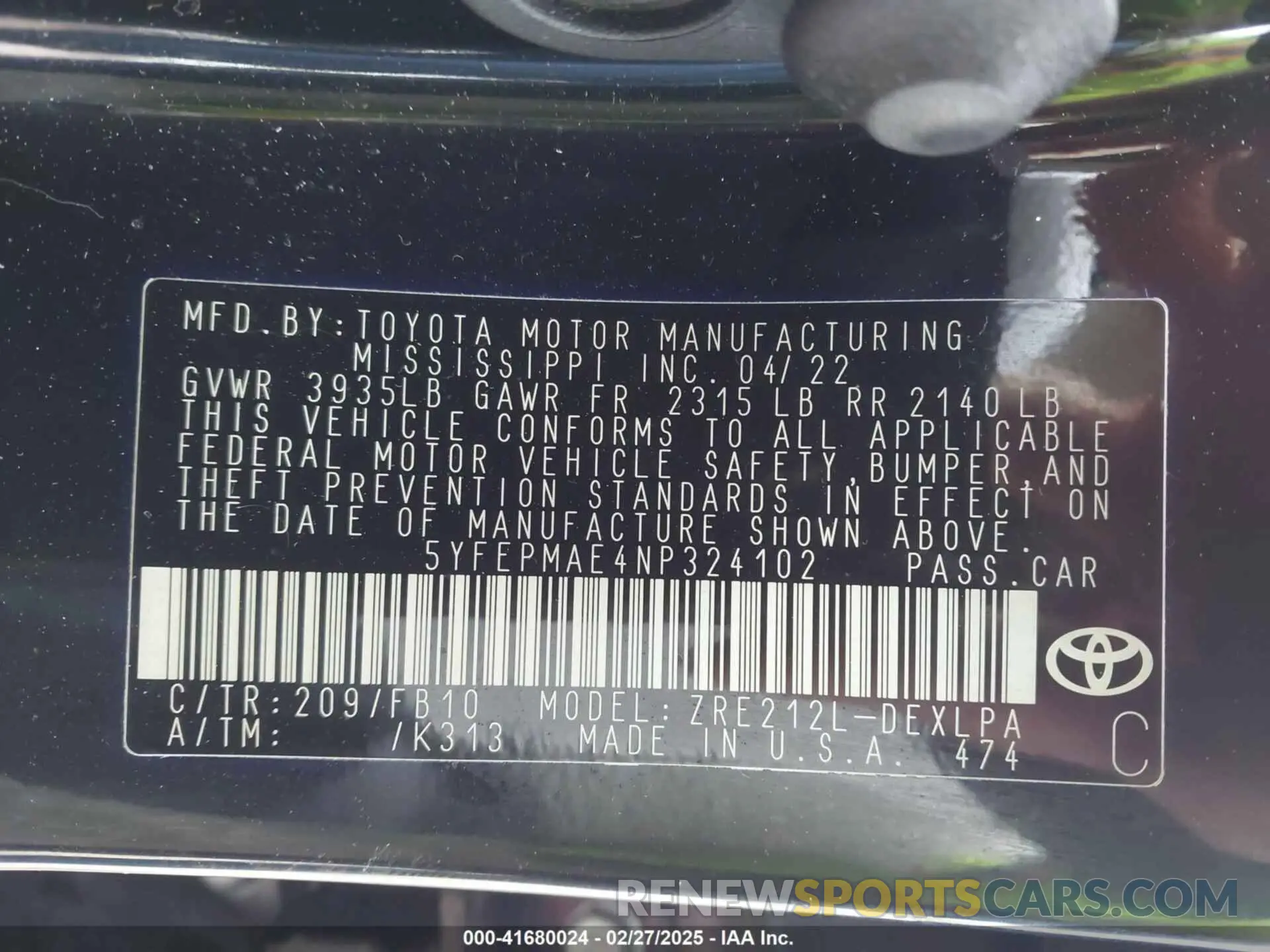 9 fotografías del automóvil dañado 5YFEPMAE4NP324102 TOYOTA COROLLA 2022