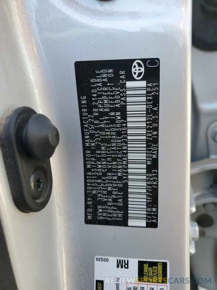 12 fotografías del automóvil dañado 5YFEPMAE4NP331647 TOYOTA COROLLA 2022