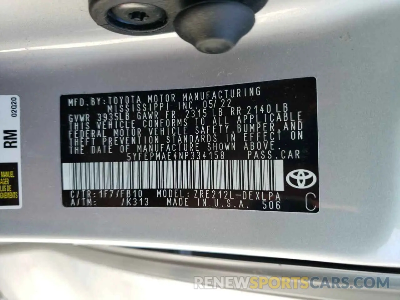 12 fotografías del automóvil dañado 5YFEPMAE4NP334158 TOYOTA COROLLA 2022