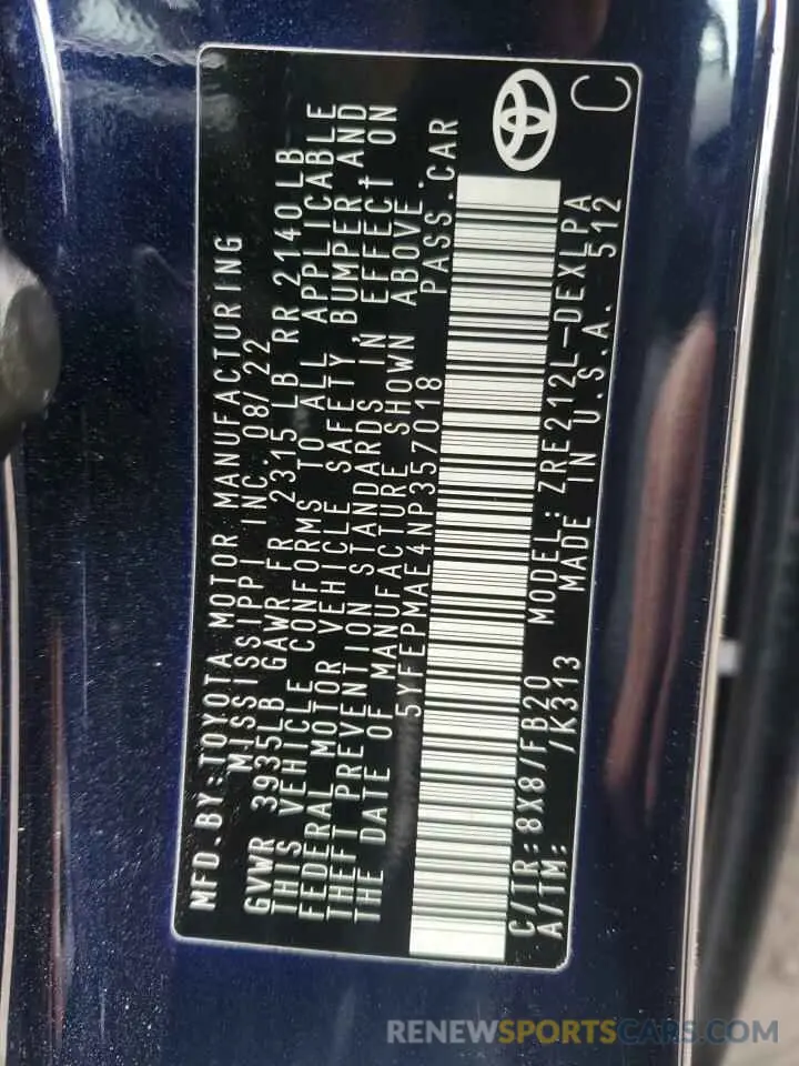 13 fotografías del automóvil dañado 5YFEPMAE4NP357018 TOYOTA COROLLA 2022