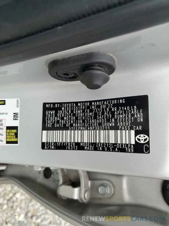 12 fotografías del automóvil dañado 5YFEPMAE4NP363711 TOYOTA COROLLA 2022