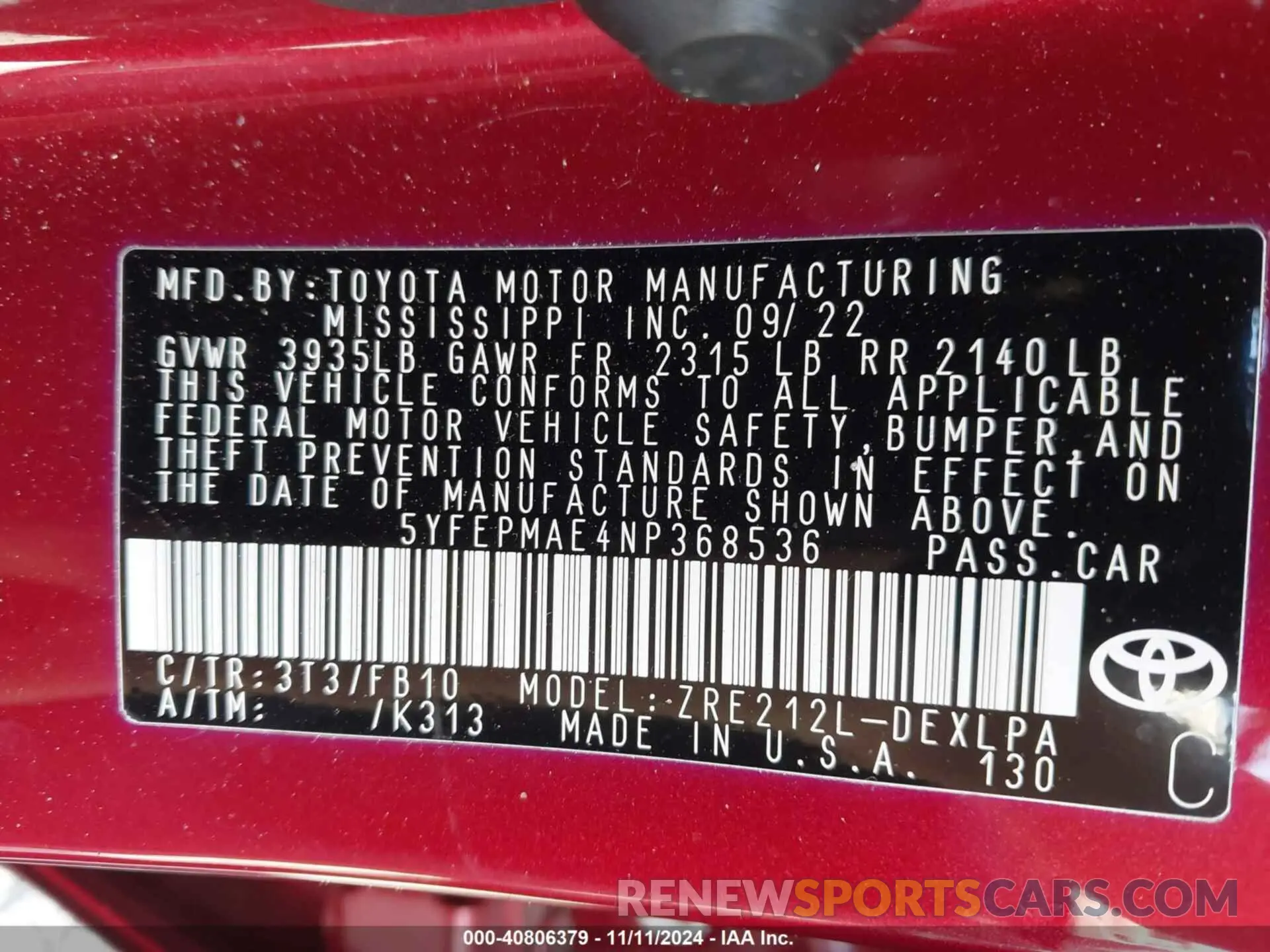 9 fotografías del automóvil dañado 5YFEPMAE4NP368536 TOYOTA COROLLA 2022
