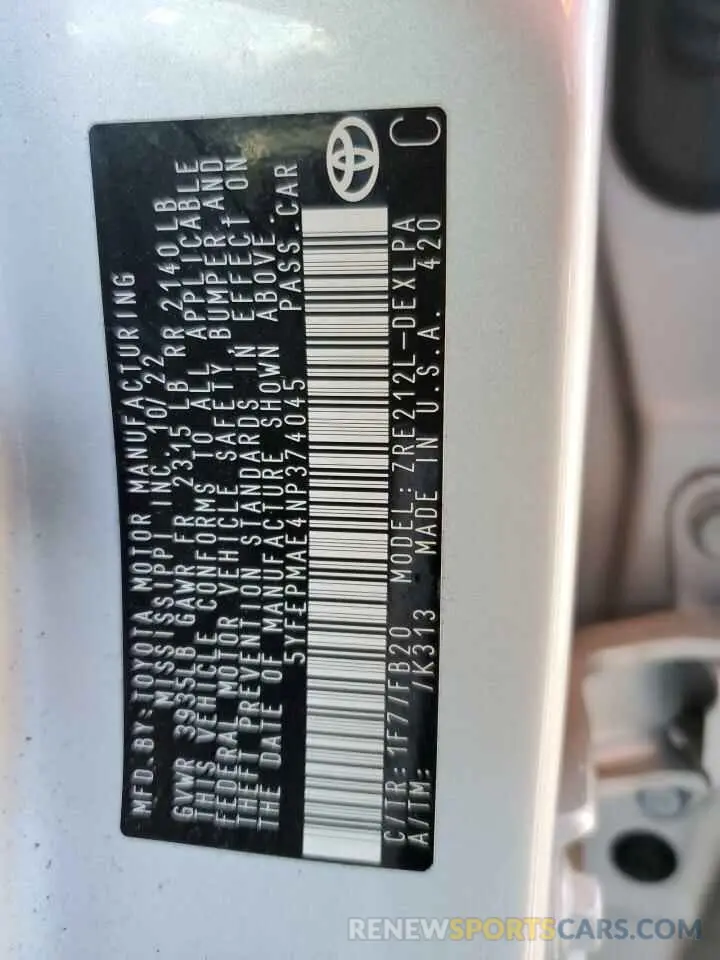 12 fotografías del automóvil dañado 5YFEPMAE4NP374045 TOYOTA COROLLA 2022