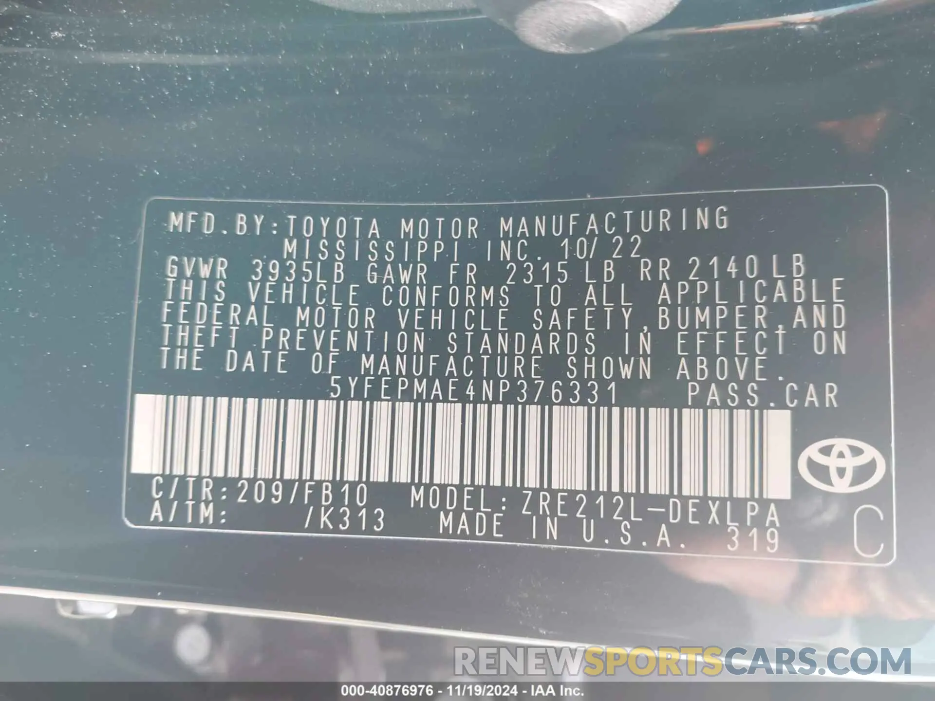 9 fotografías del automóvil dañado 5YFEPMAE4NP376331 TOYOTA COROLLA 2022
