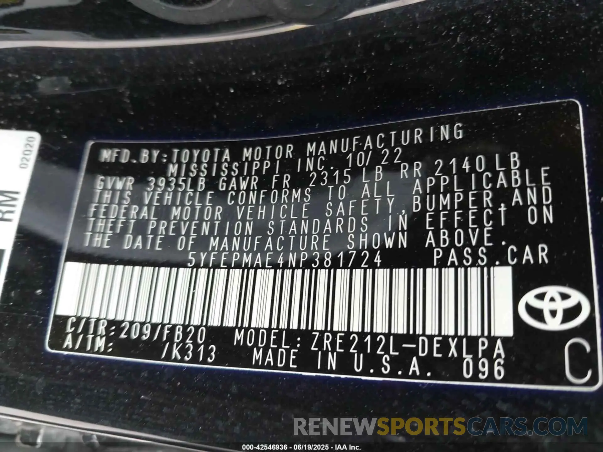 9 fotografías del automóvil dañado 5YFEPMAE4NP381724 TOYOTA COROLLA 2022
