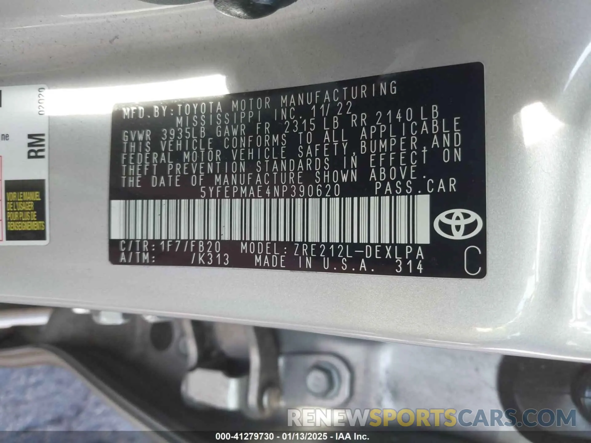 9 fotografías del automóvil dañado 5YFEPMAE4NP390620 TOYOTA COROLLA 2022