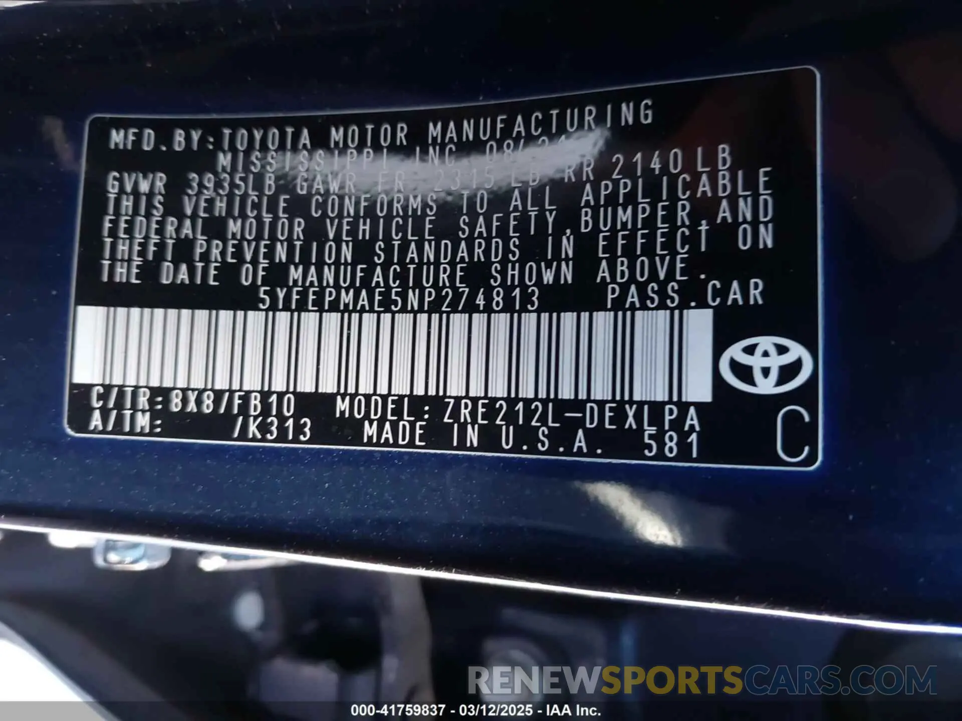 9 fotografías del automóvil dañado 5YFEPMAE5NP274813 TOYOTA COROLLA 2022