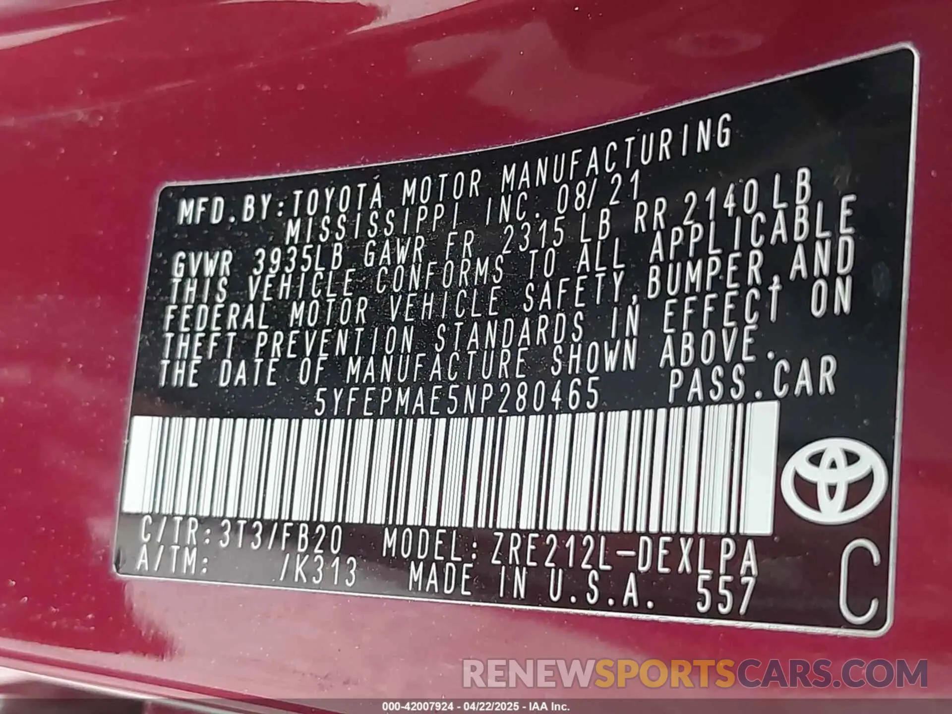 9 fotografías del automóvil dañado 5YFEPMAE5NP280465 TOYOTA COROLLA 2022