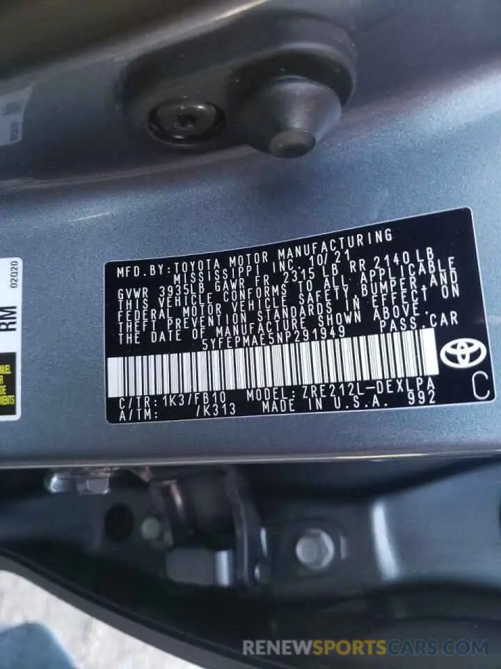 10 fotografías del automóvil dañado 5YFEPMAE5NP291949 TOYOTA COROLLA 2022
