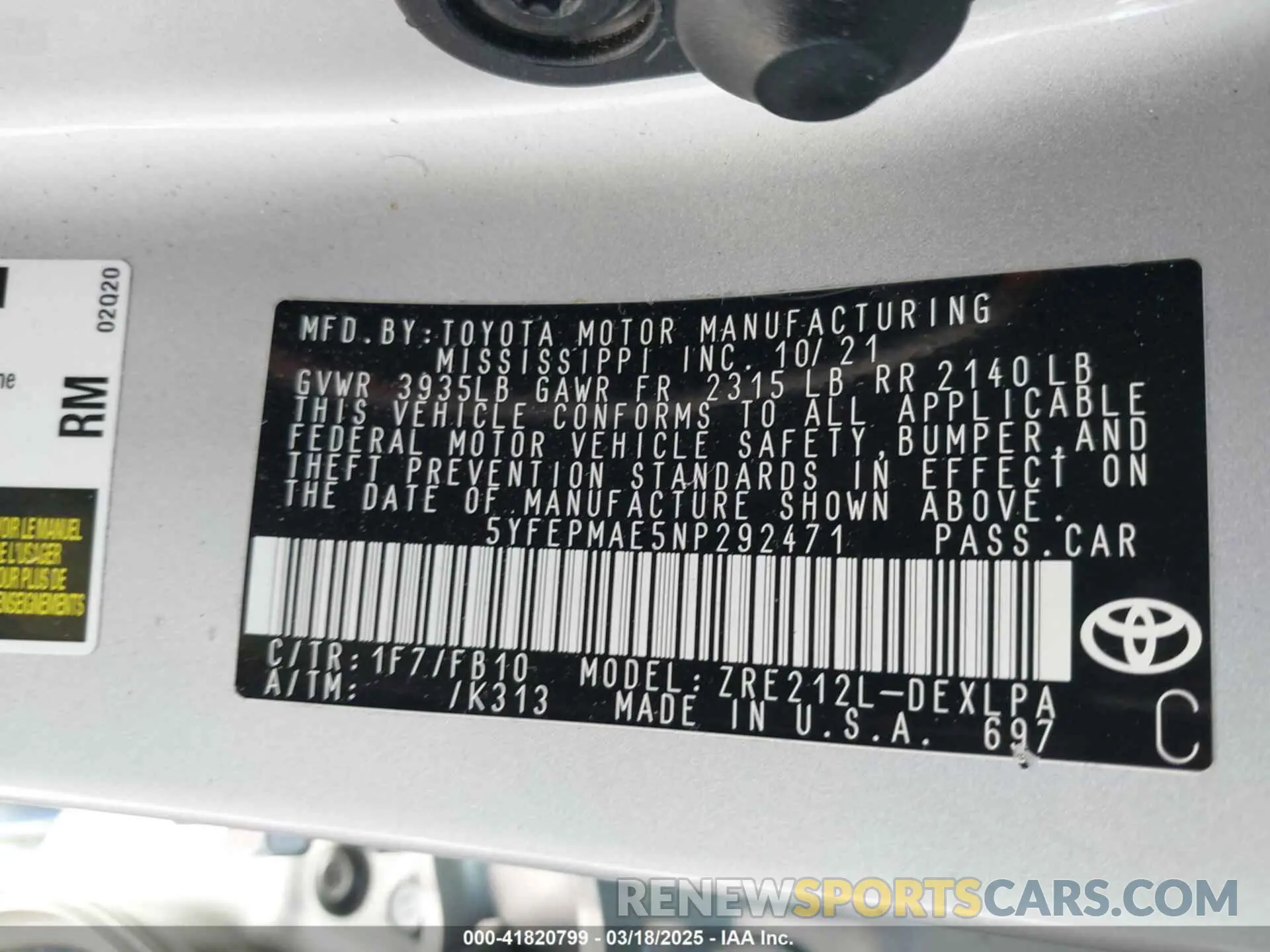 9 fotografías del automóvil dañado 5YFEPMAE5NP292471 TOYOTA COROLLA 2022