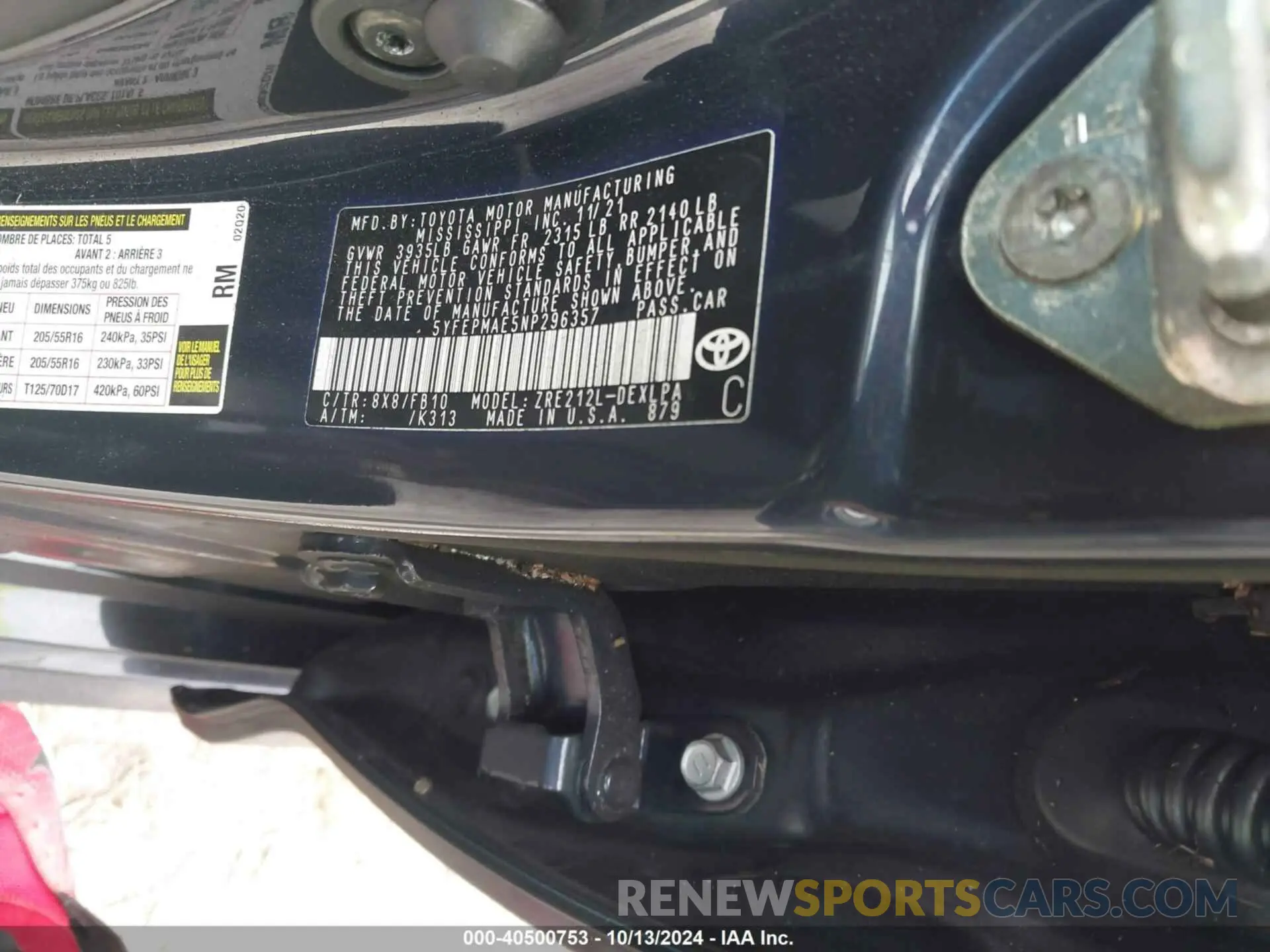 9 fotografías del automóvil dañado 5YFEPMAE5NP296357 TOYOTA COROLLA 2022