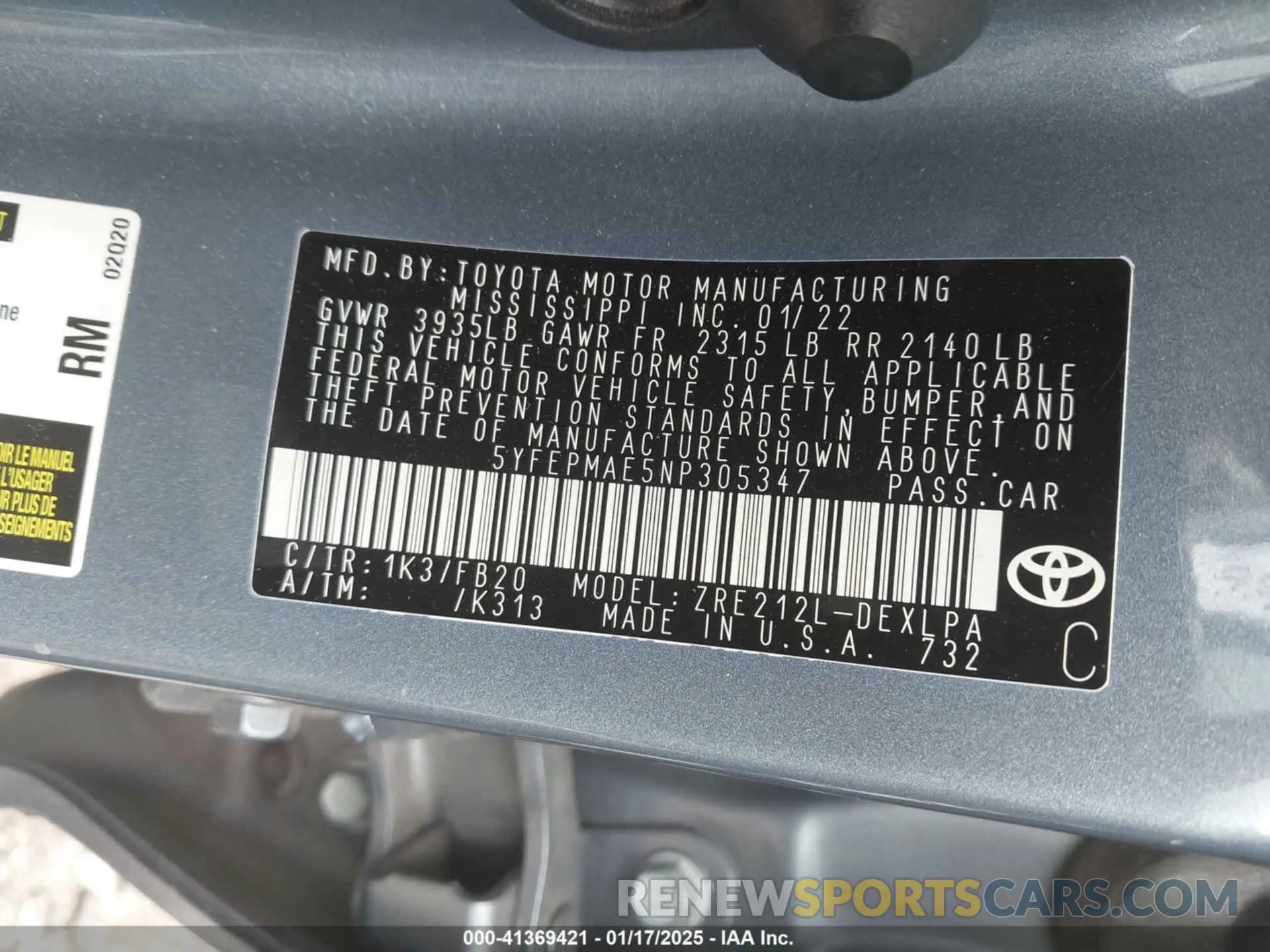 9 fotografías del automóvil dañado 5YFEPMAE5NP305347 TOYOTA COROLLA 2022