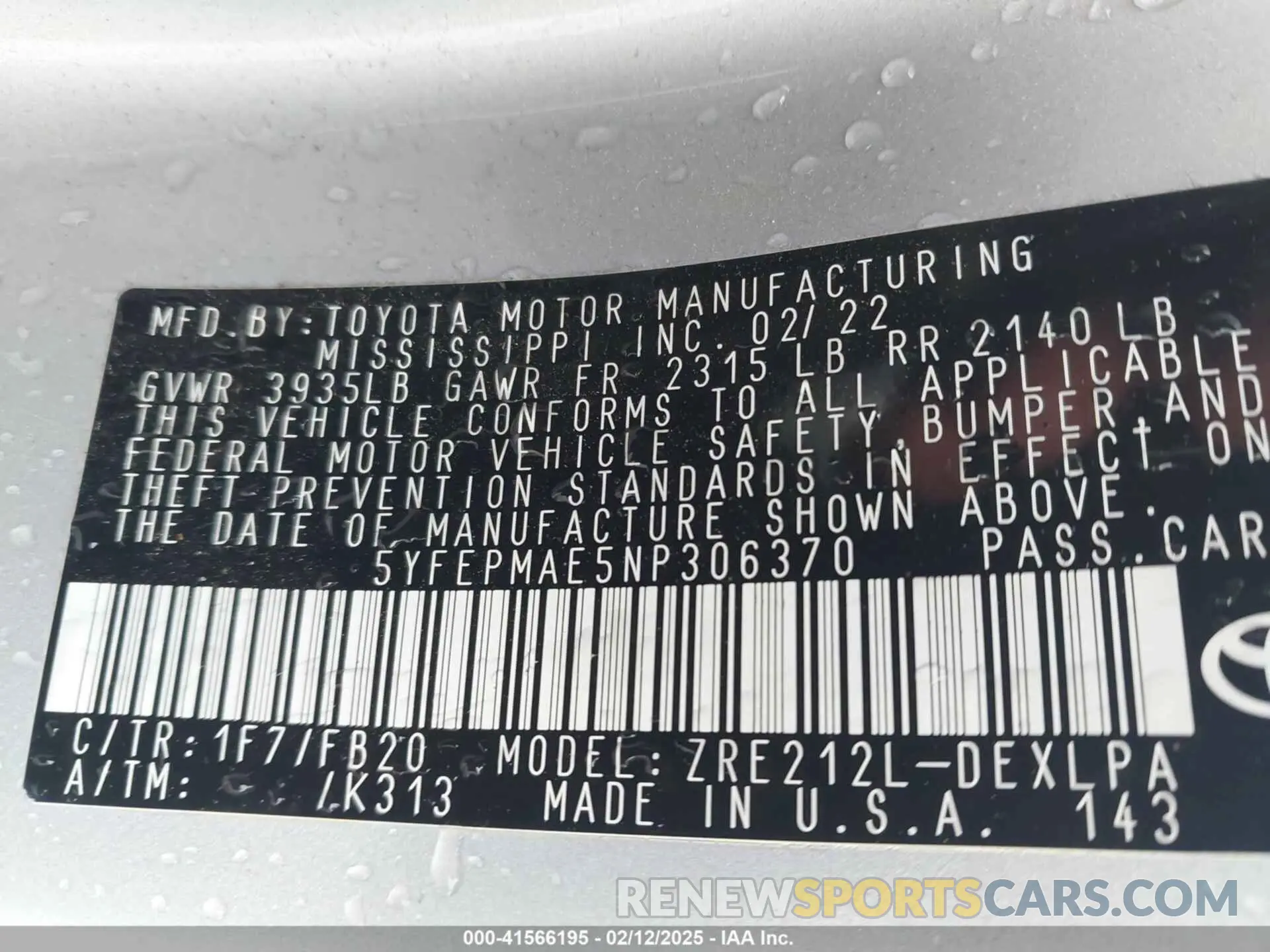 9 fotografías del automóvil dañado 5YFEPMAE5NP306370 TOYOTA COROLLA 2022