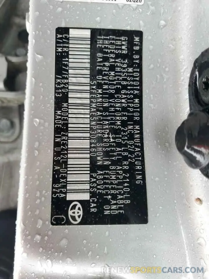 12 fotografías del automóvil dañado 5YFEPMAE5NP308460 TOYOTA COROLLA 2022