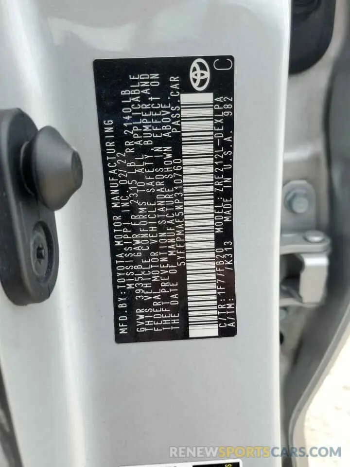 12 fotografías del automóvil dañado 5YFEPMAE5NP310760 TOYOTA COROLLA 2022