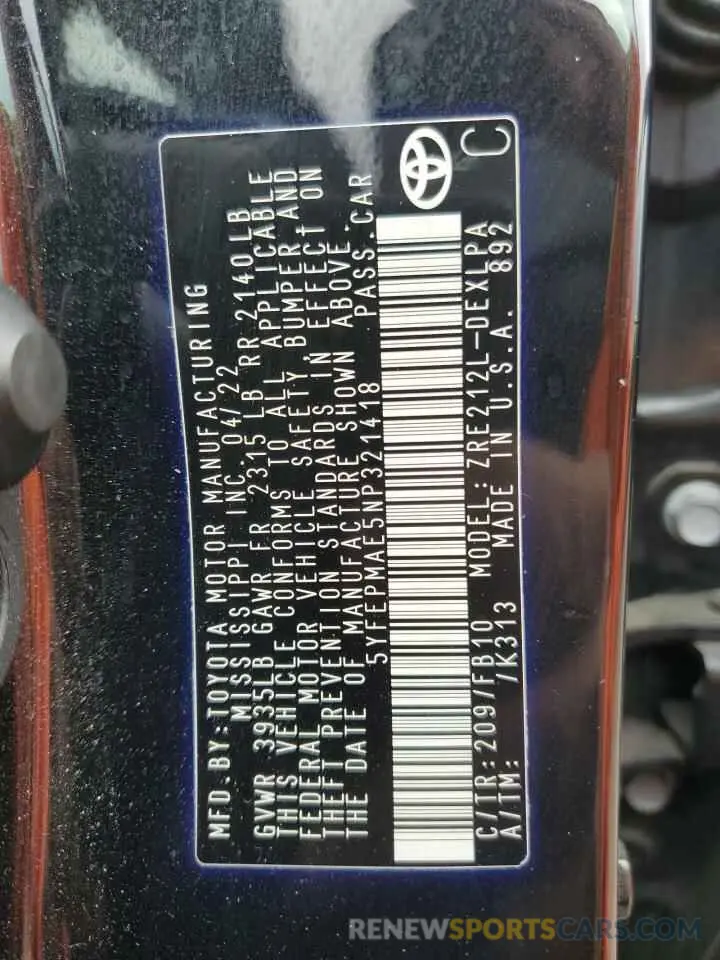 13 fotografías del automóvil dañado 5YFEPMAE5NP321418 TOYOTA COROLLA 2022