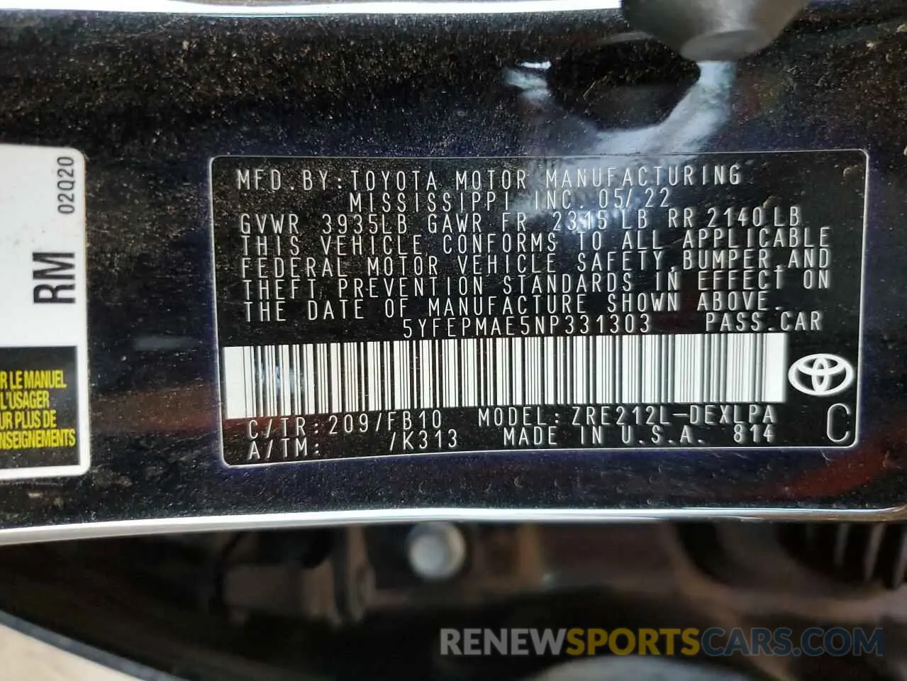 12 fotografías del automóvil dañado 5YFEPMAE5NP331303 TOYOTA COROLLA 2022