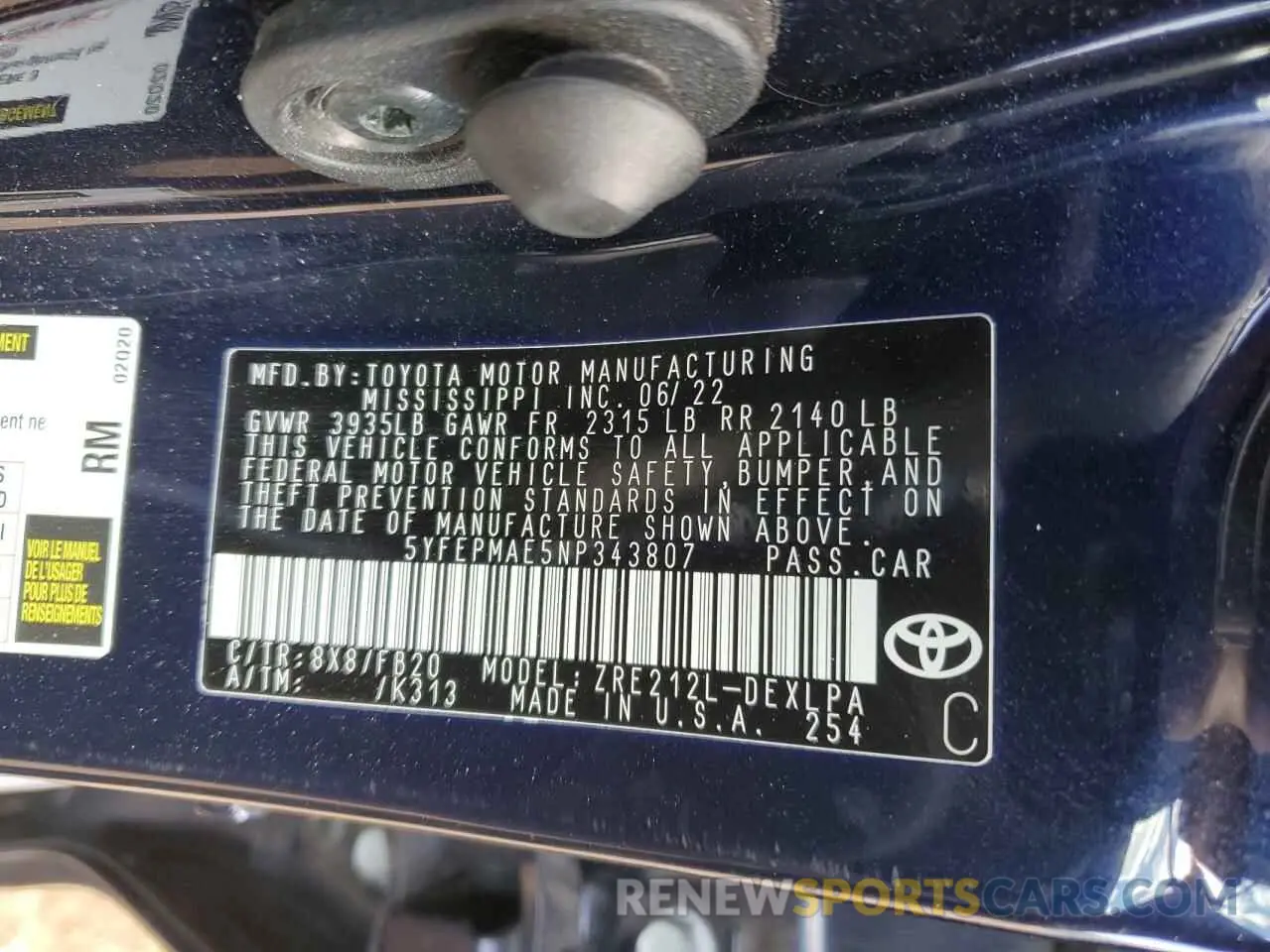 13 fotografías del automóvil dañado 5YFEPMAE5NP343807 TOYOTA COROLLA 2022