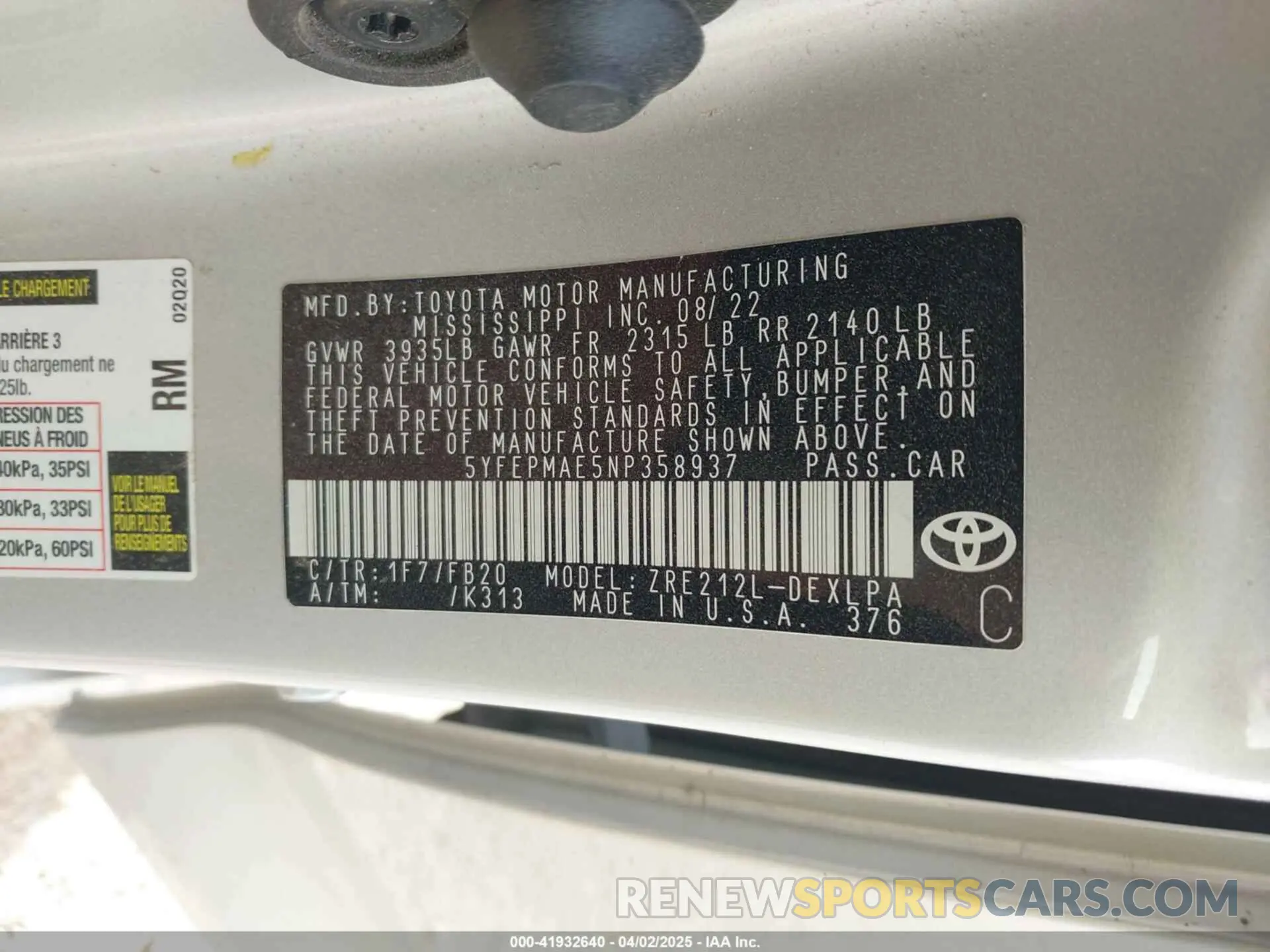 9 fotografías del automóvil dañado 5YFEPMAE5NP358937 TOYOTA COROLLA 2022