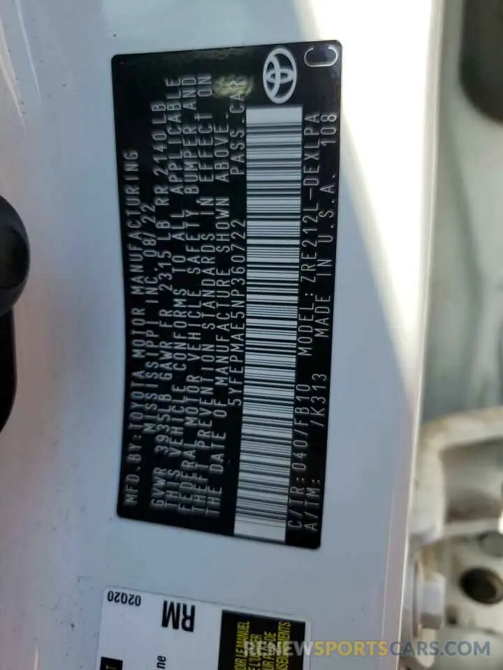 12 fotografías del automóvil dañado 5YFEPMAE5NP360722 TOYOTA COROLLA 2022