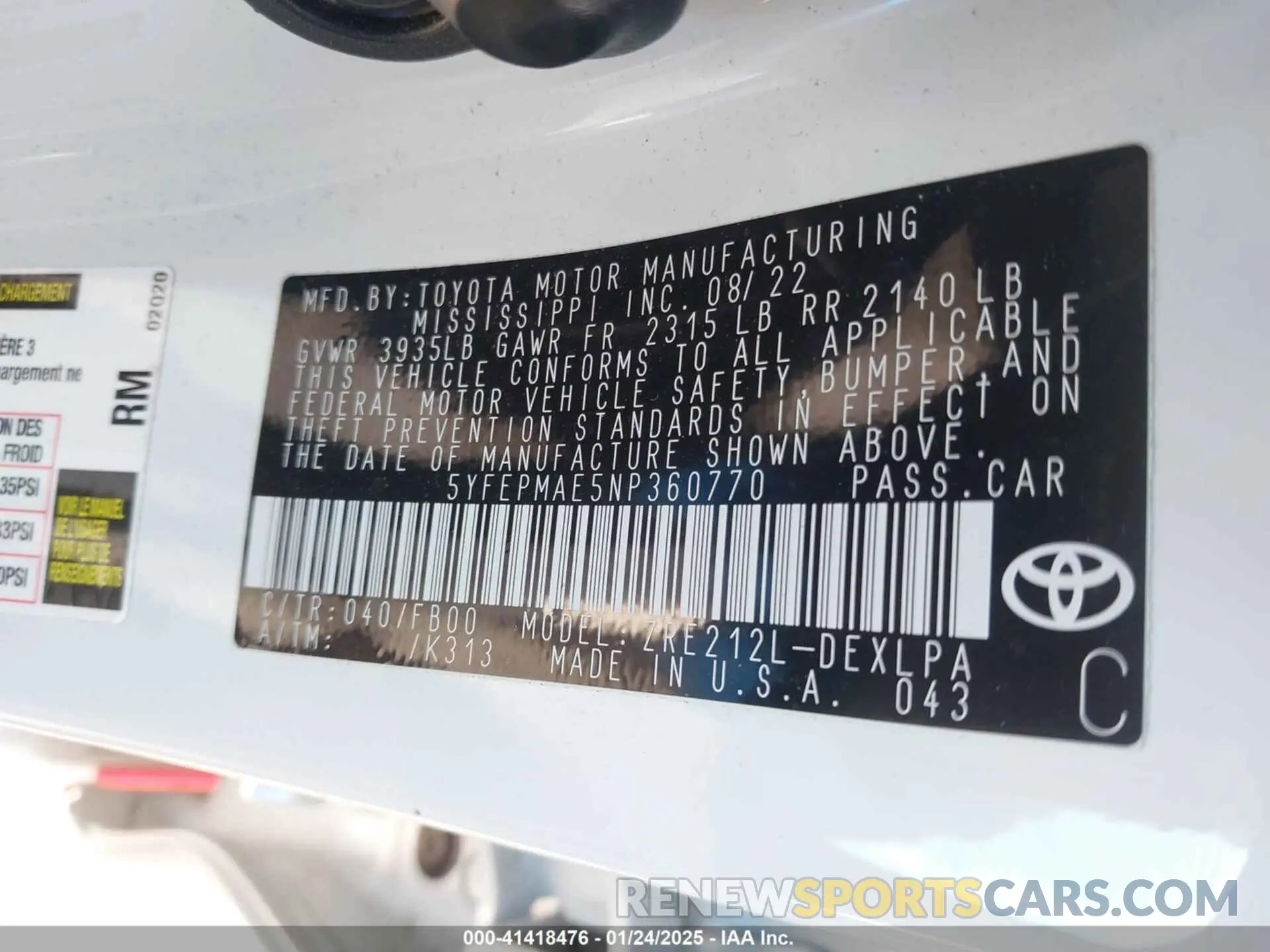 9 fotografías del automóvil dañado 5YFEPMAE5NP360770 TOYOTA COROLLA 2022