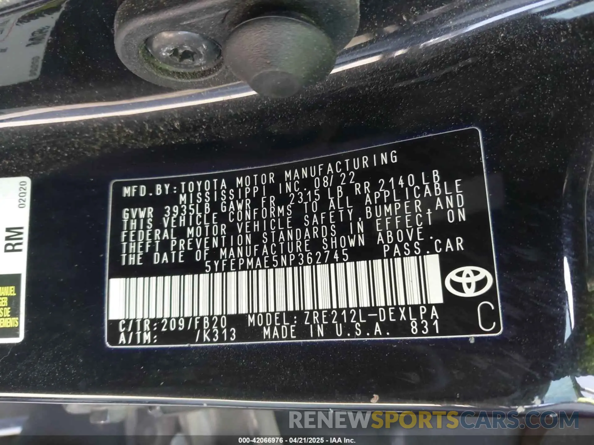 9 fotografías del automóvil dañado 5YFEPMAE5NP362745 TOYOTA COROLLA 2022