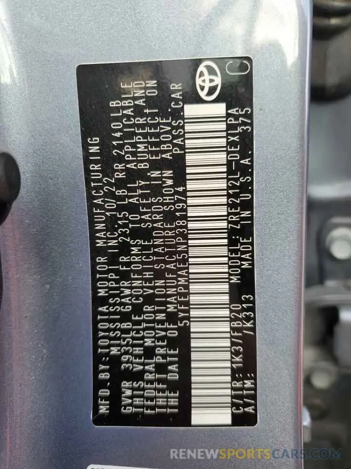 13 fotografías del automóvil dañado 5YFEPMAE5NP381974 TOYOTA COROLLA 2022