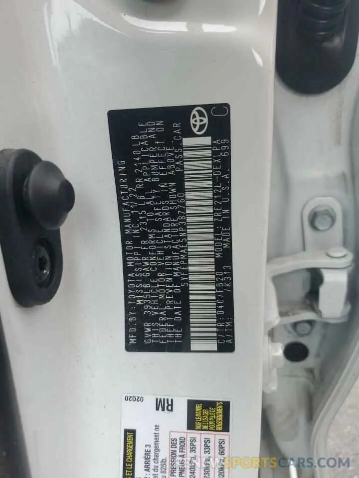 12 fotografías del automóvil dañado 5YFEPMAE5NP387760 TOYOTA COROLLA 2022