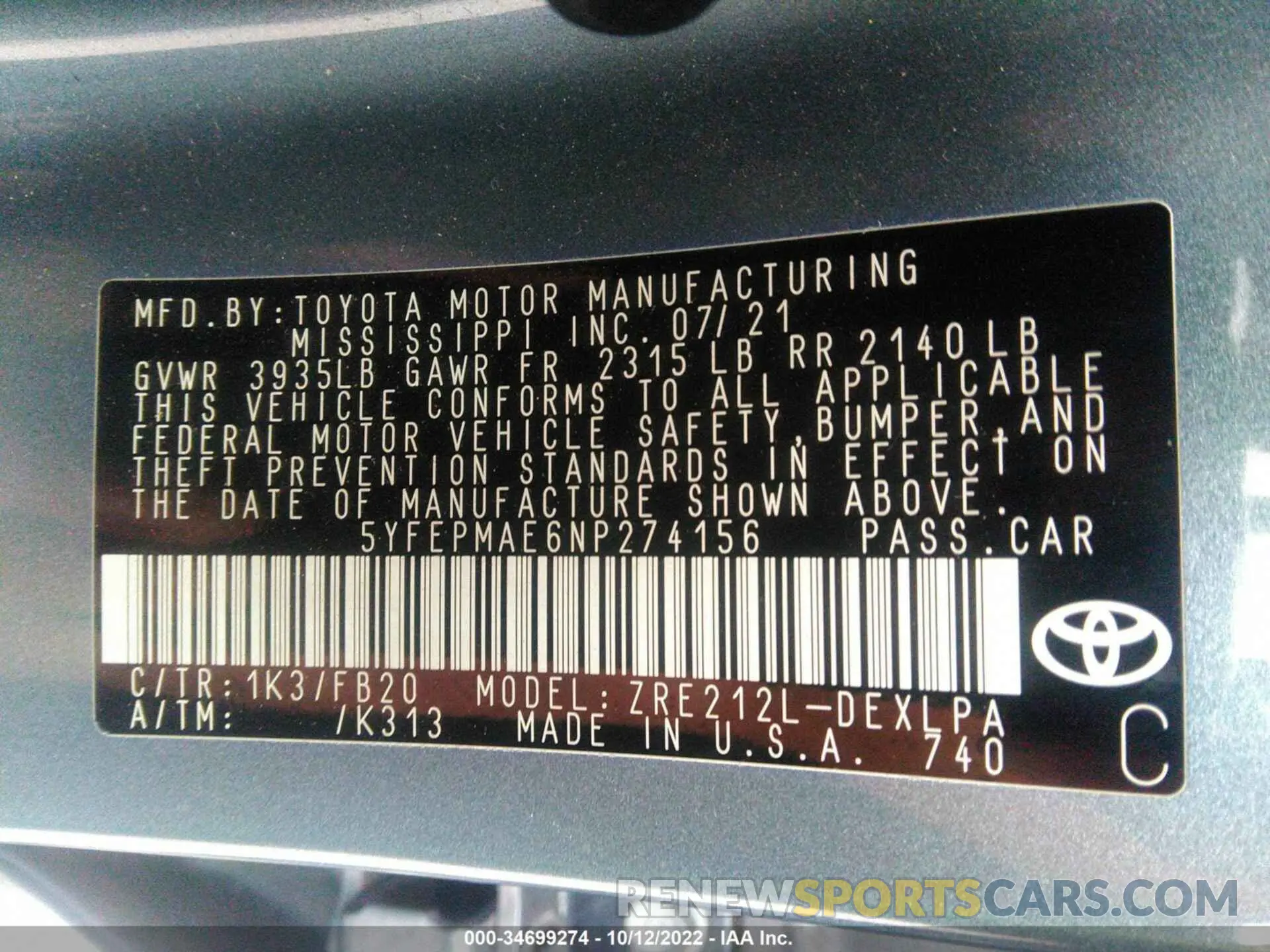 9 fotografías del automóvil dañado 5YFEPMAE6NP274156 TOYOTA COROLLA 2022