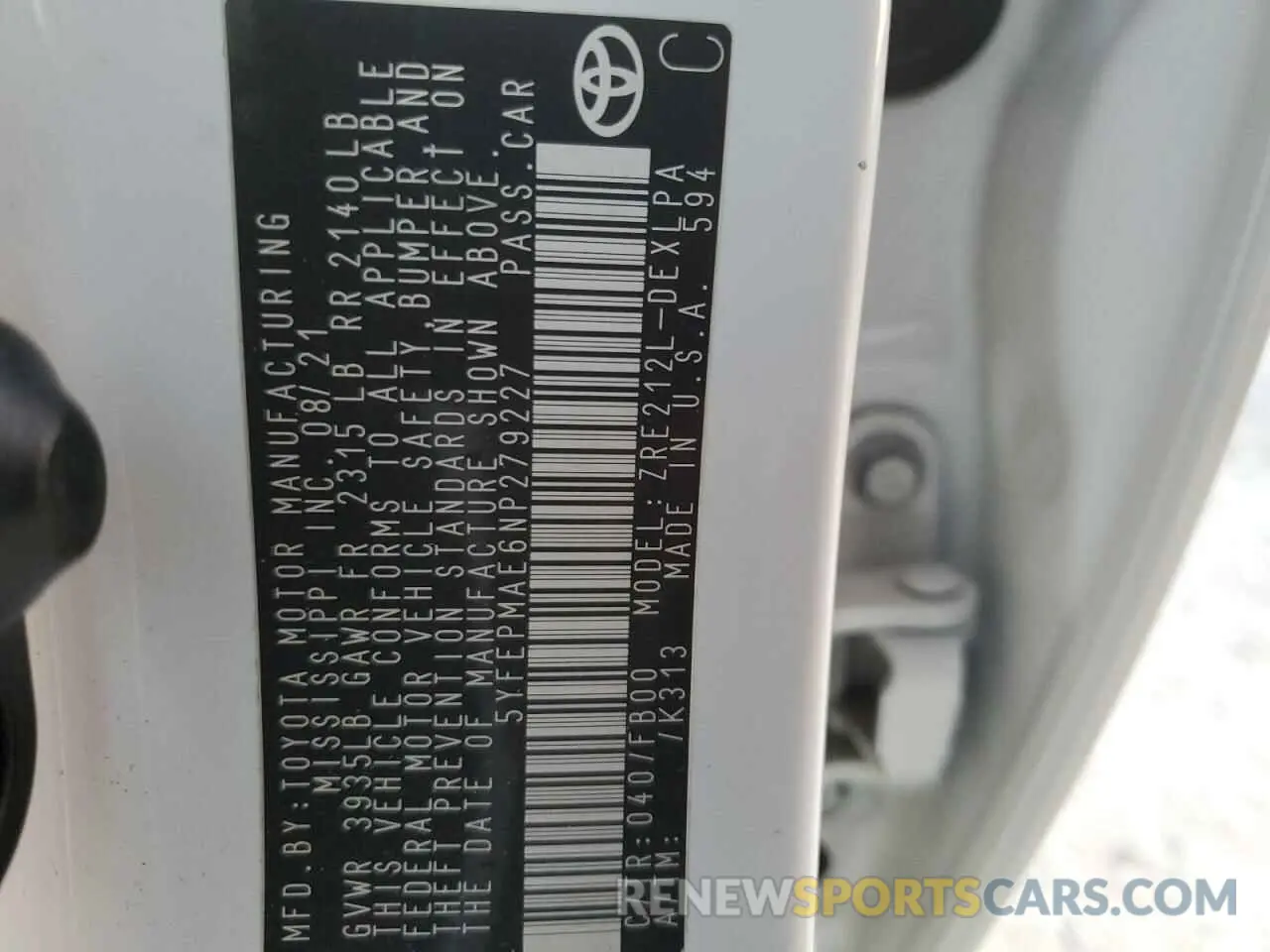 12 fotografías del automóvil dañado 5YFEPMAE6NP279227 TOYOTA COROLLA 2022
