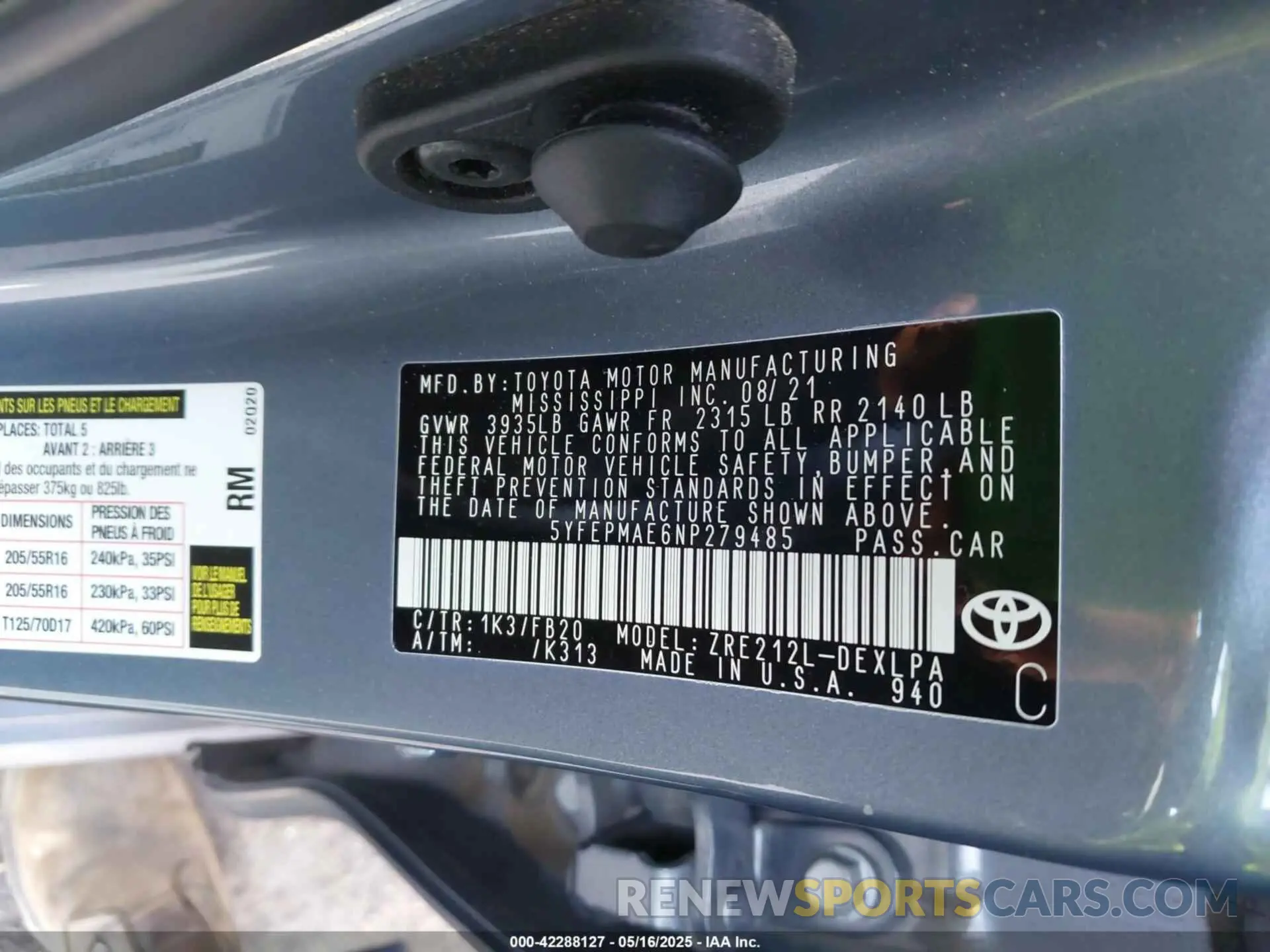 9 fotografías del automóvil dañado 5YFEPMAE6NP279485 TOYOTA COROLLA 2022