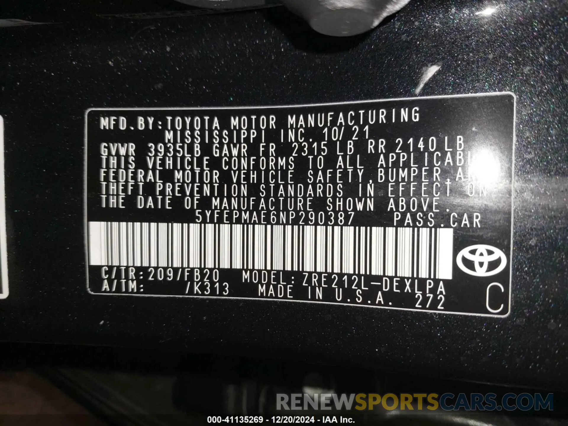 9 fotografías del automóvil dañado 5YFEPMAE6NP290387 TOYOTA COROLLA 2022