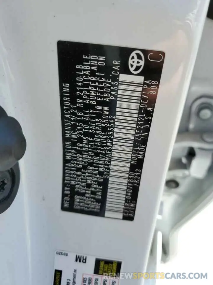 12 fotografías del automóvil dañado 5YFEPMAE6NP295542 TOYOTA COROLLA 2022
