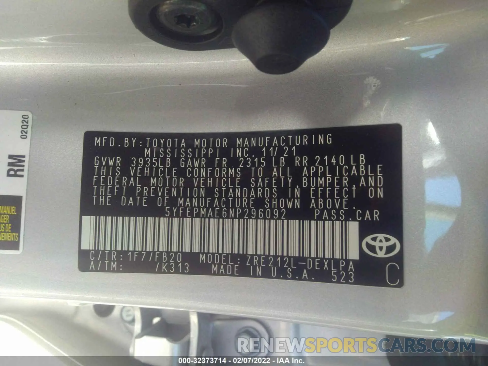 9 fotografías del automóvil dañado 5YFEPMAE6NP296092 TOYOTA COROLLA 2022