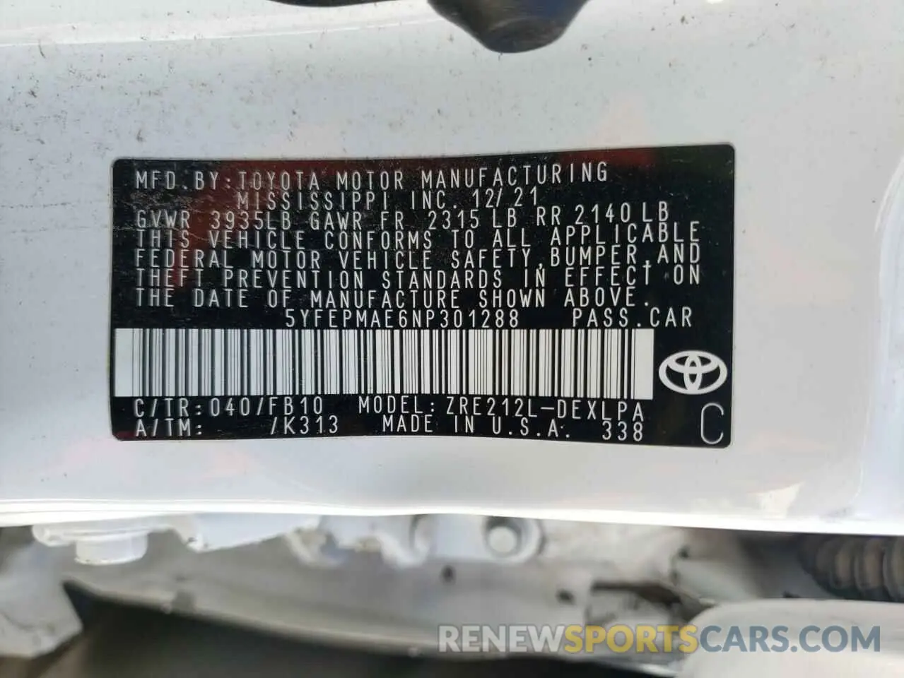 10 fotografías del automóvil dañado 5YFEPMAE6NP301288 TOYOTA COROLLA 2022
