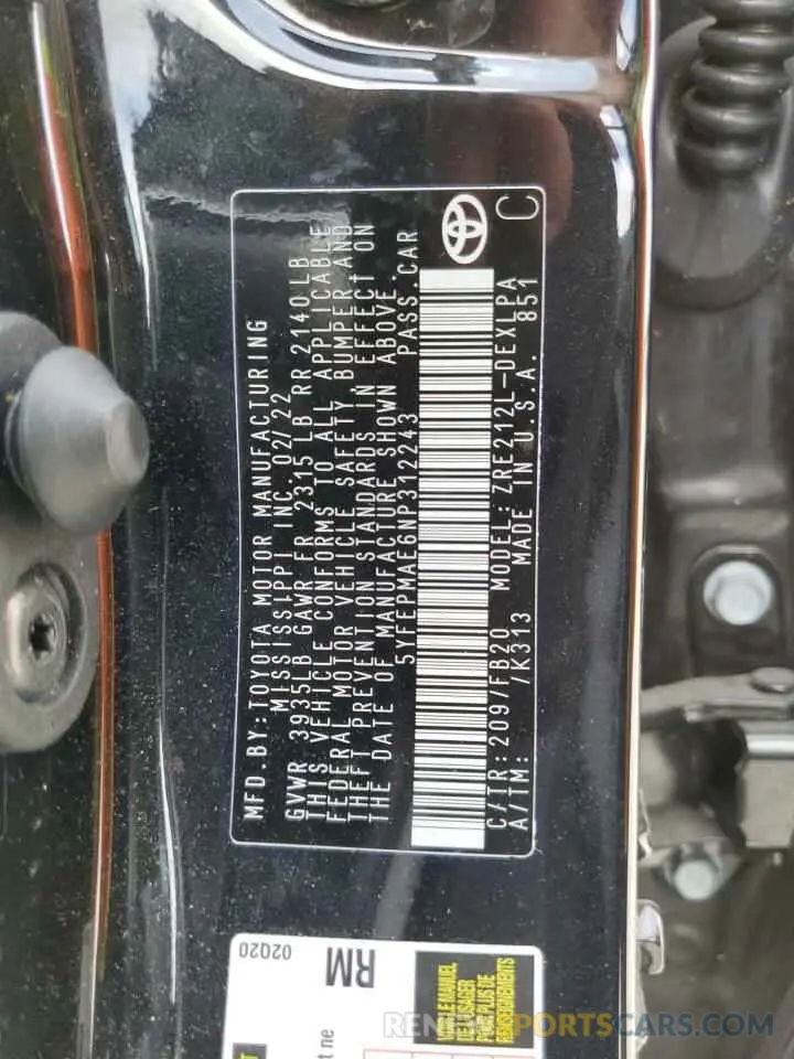 12 fotografías del automóvil dañado 5YFEPMAE6NP312243 TOYOTA COROLLA 2022