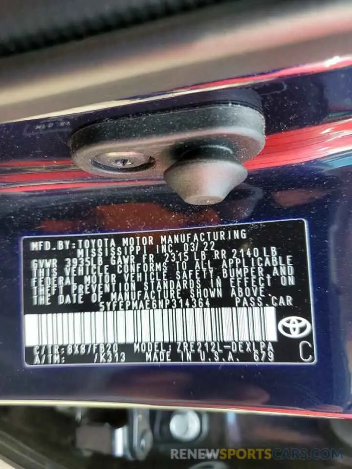 10 fotografías del automóvil dañado 5YFEPMAE6NP314364 TOYOTA COROLLA 2022