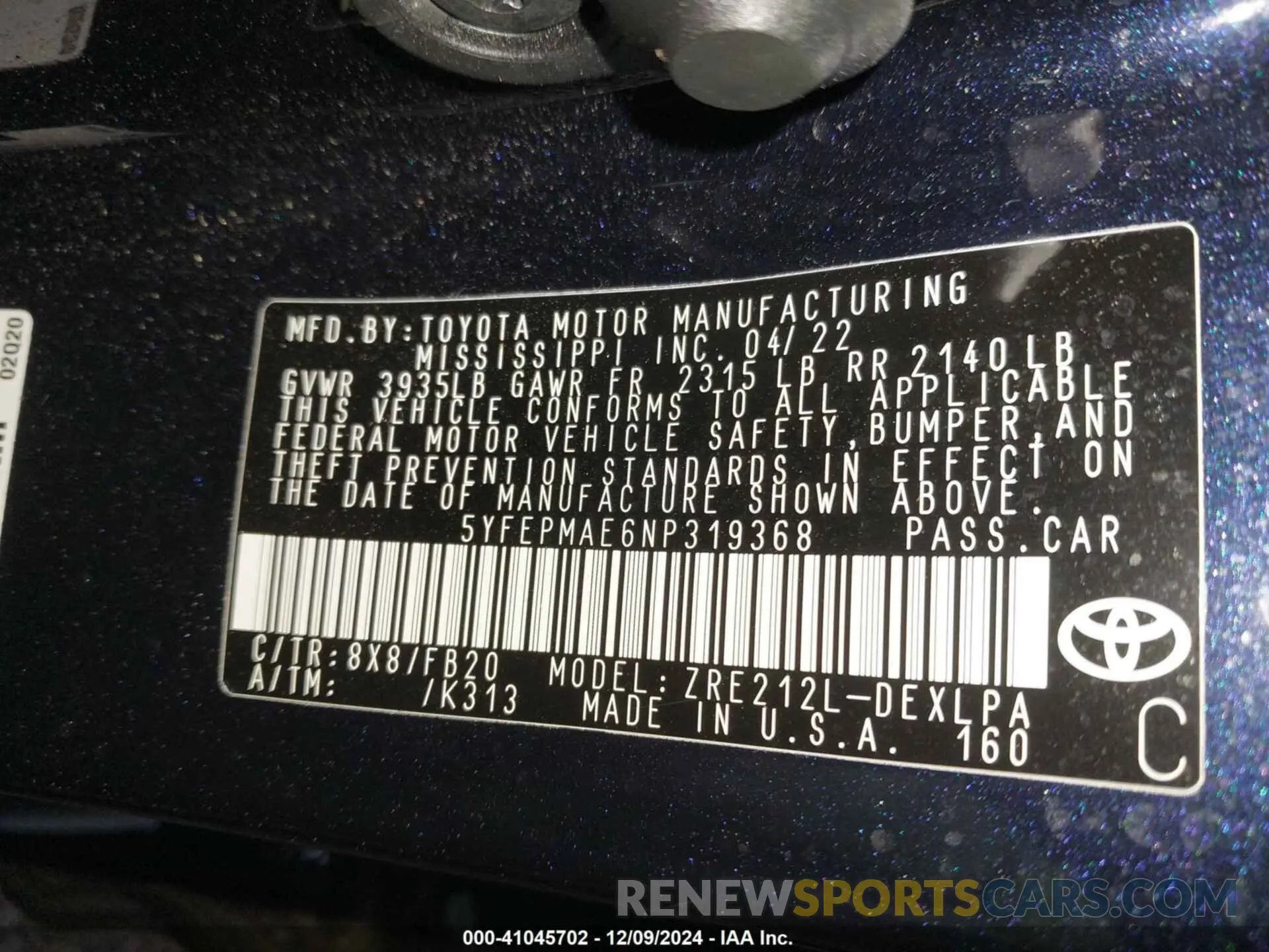 9 fotografías del automóvil dañado 5YFEPMAE6NP319368 TOYOTA COROLLA 2022