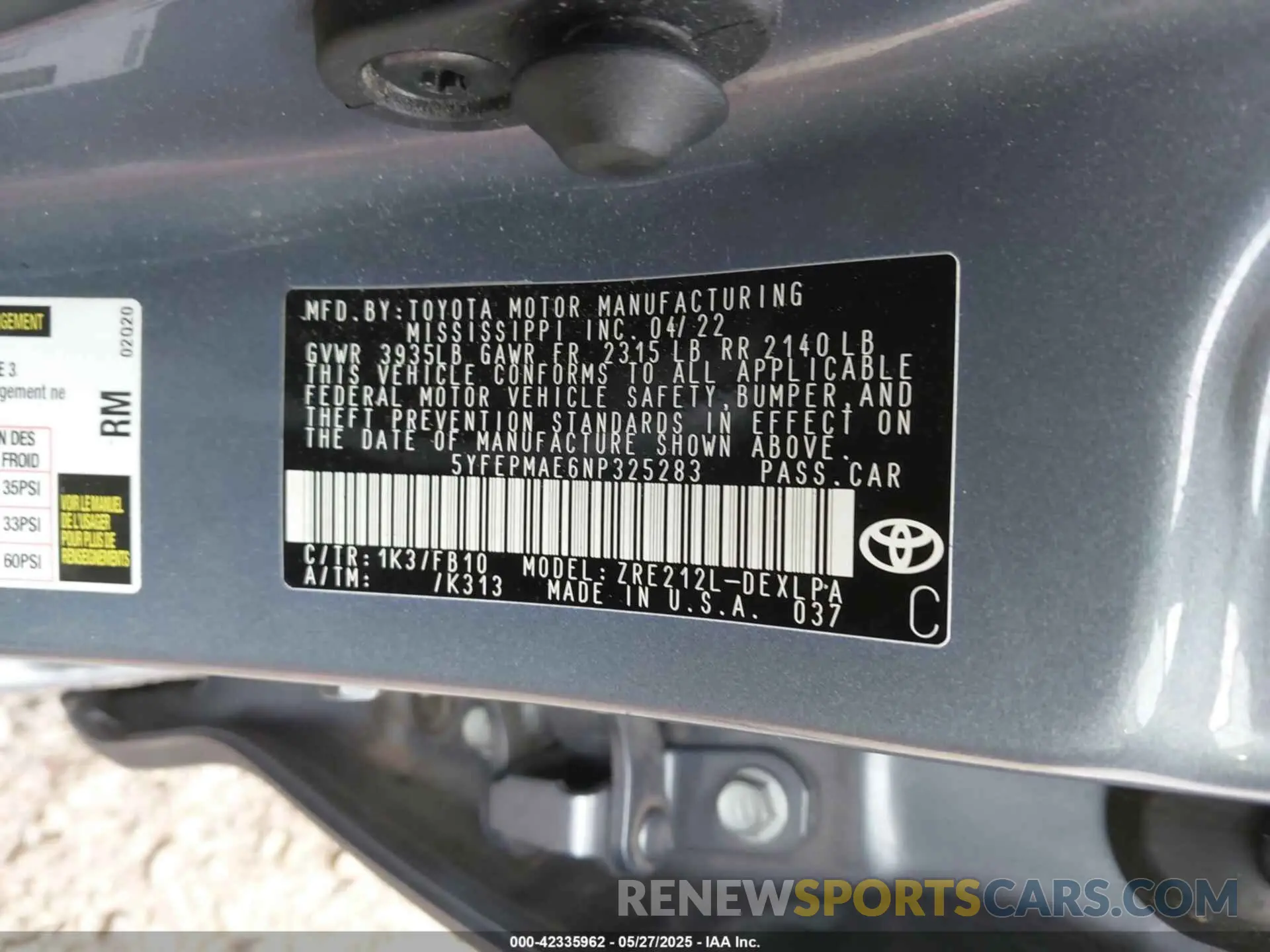 9 fotografías del automóvil dañado 5YFEPMAE6NP325283 TOYOTA COROLLA 2022