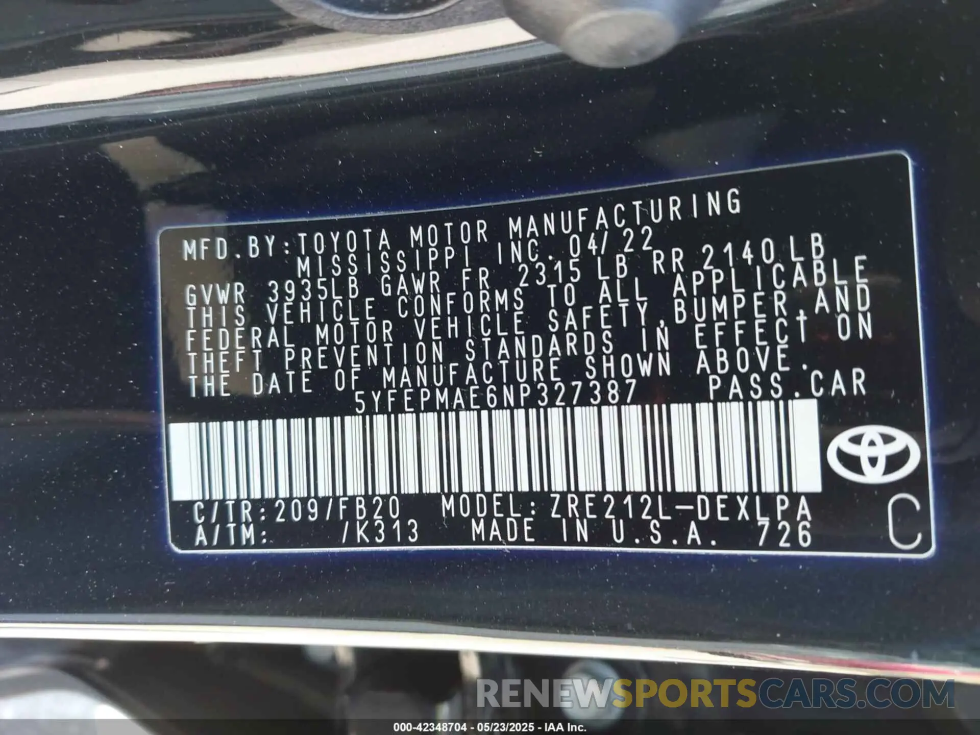 9 fotografías del automóvil dañado 5YFEPMAE6NP327387 TOYOTA COROLLA 2022