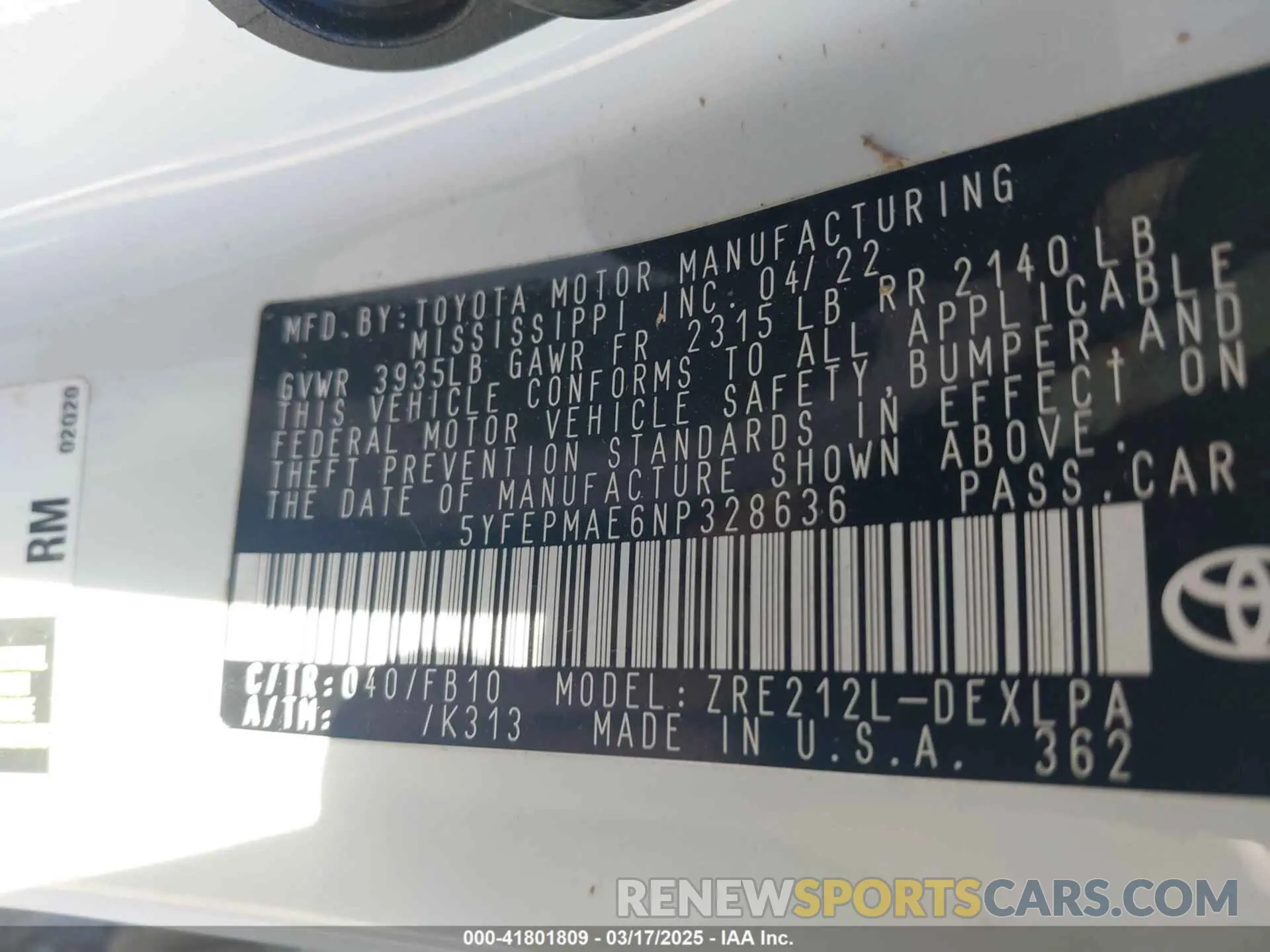 9 fotografías del automóvil dañado 5YFEPMAE6NP328636 TOYOTA COROLLA 2022