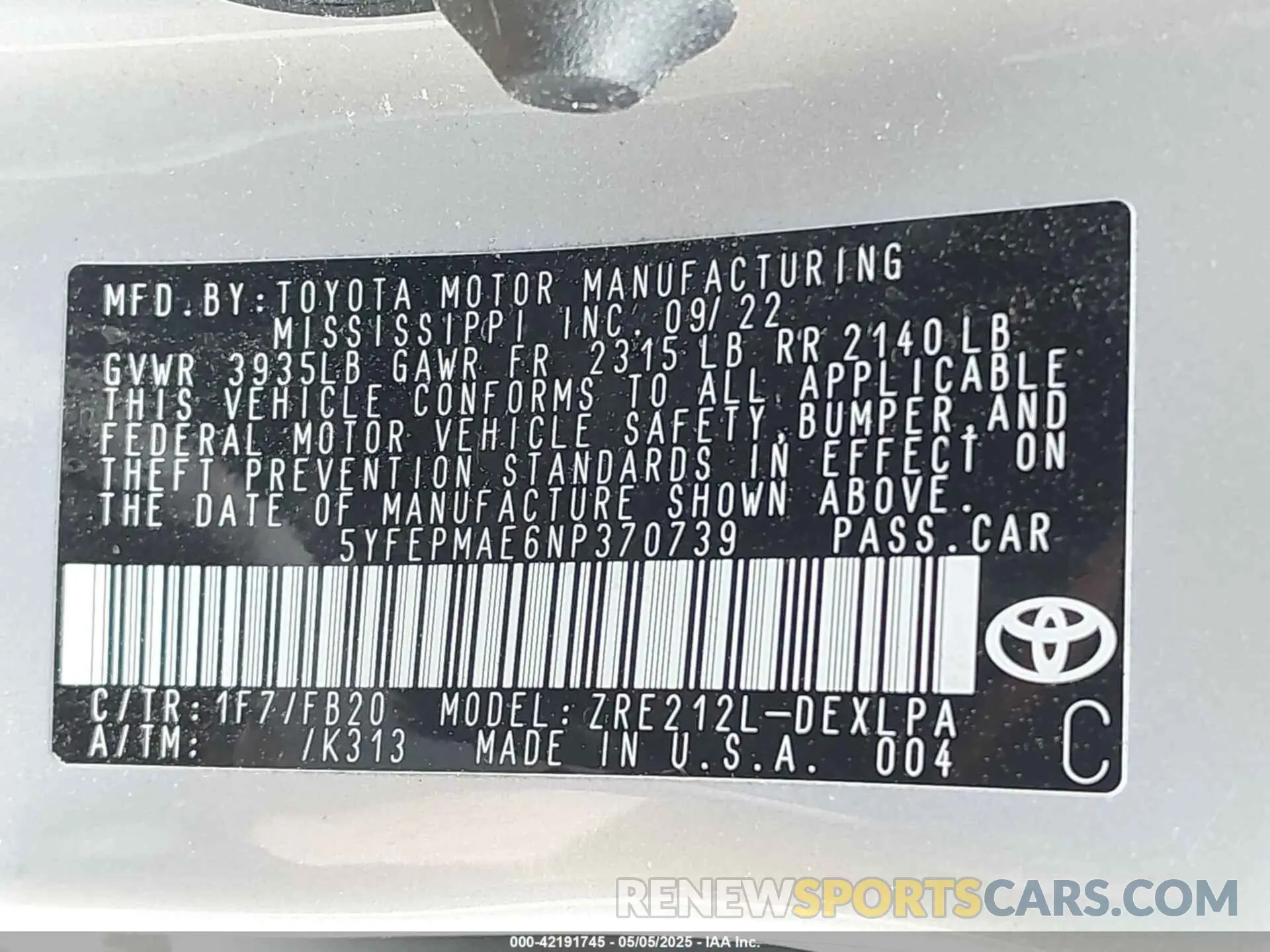 9 fotografías del automóvil dañado 5YFEPMAE6NP370739 TOYOTA COROLLA 2022